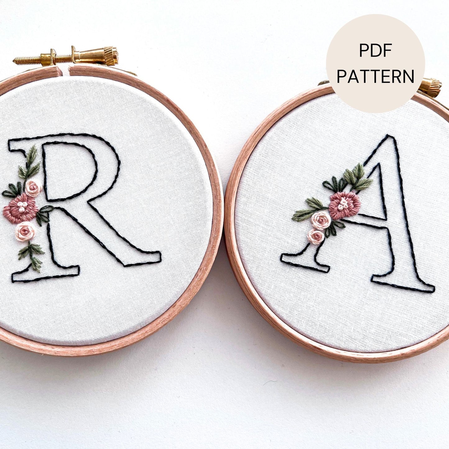Floral letter needlecraft pattern in black lettering and pink flowers