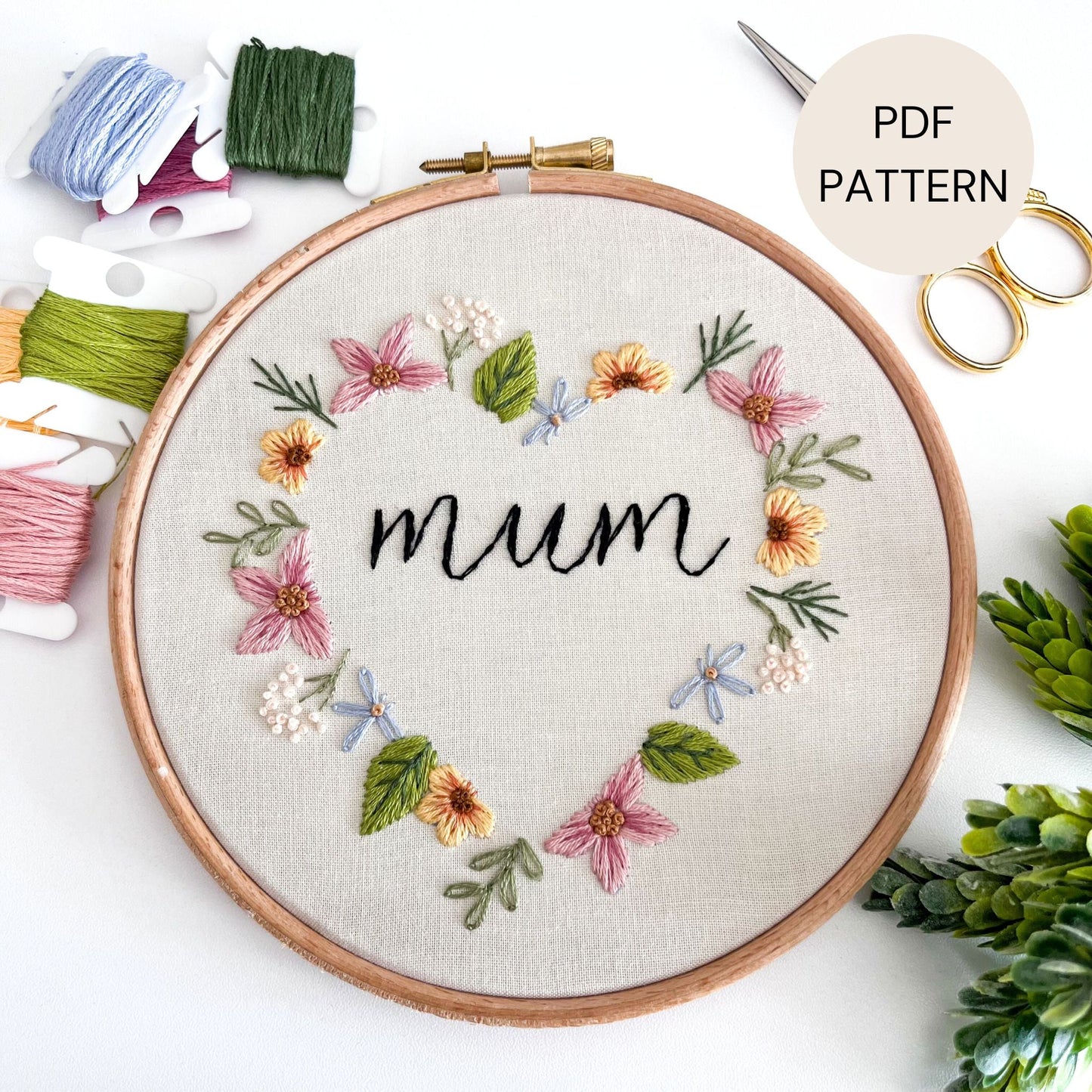Beginner Needlecraft Pattern with Customisable Lettering in the Centre. Pink, yellow, white and baby blue flowers are stitched in a heart design around central black lettering.