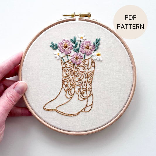 Hand embroidery design featuring brown cowgirl boots with flowers in the top