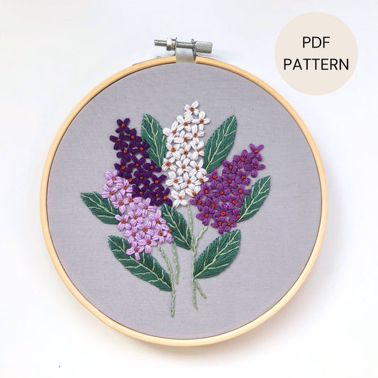 Hand embroidery design with lilac flowers