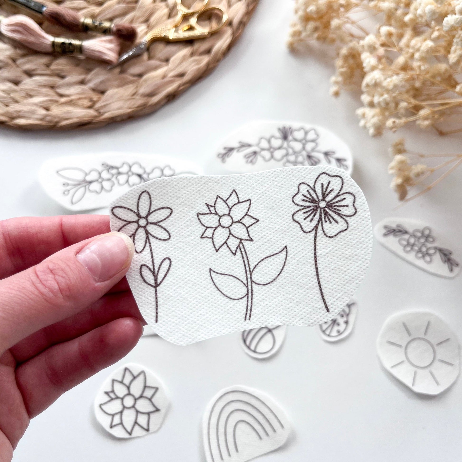 Hand is holding a floral design printed onto water soluble fabric stabiliser suitable for clothes embroidery