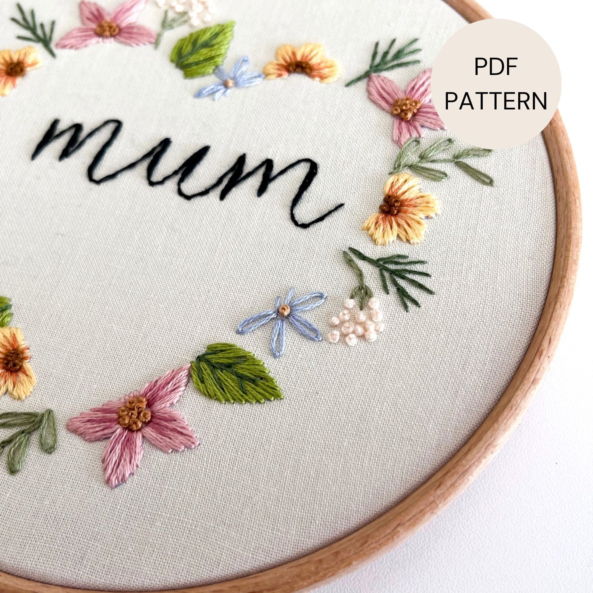 Close up of Mother's Day Hand Embroidery Pattern with flowers.