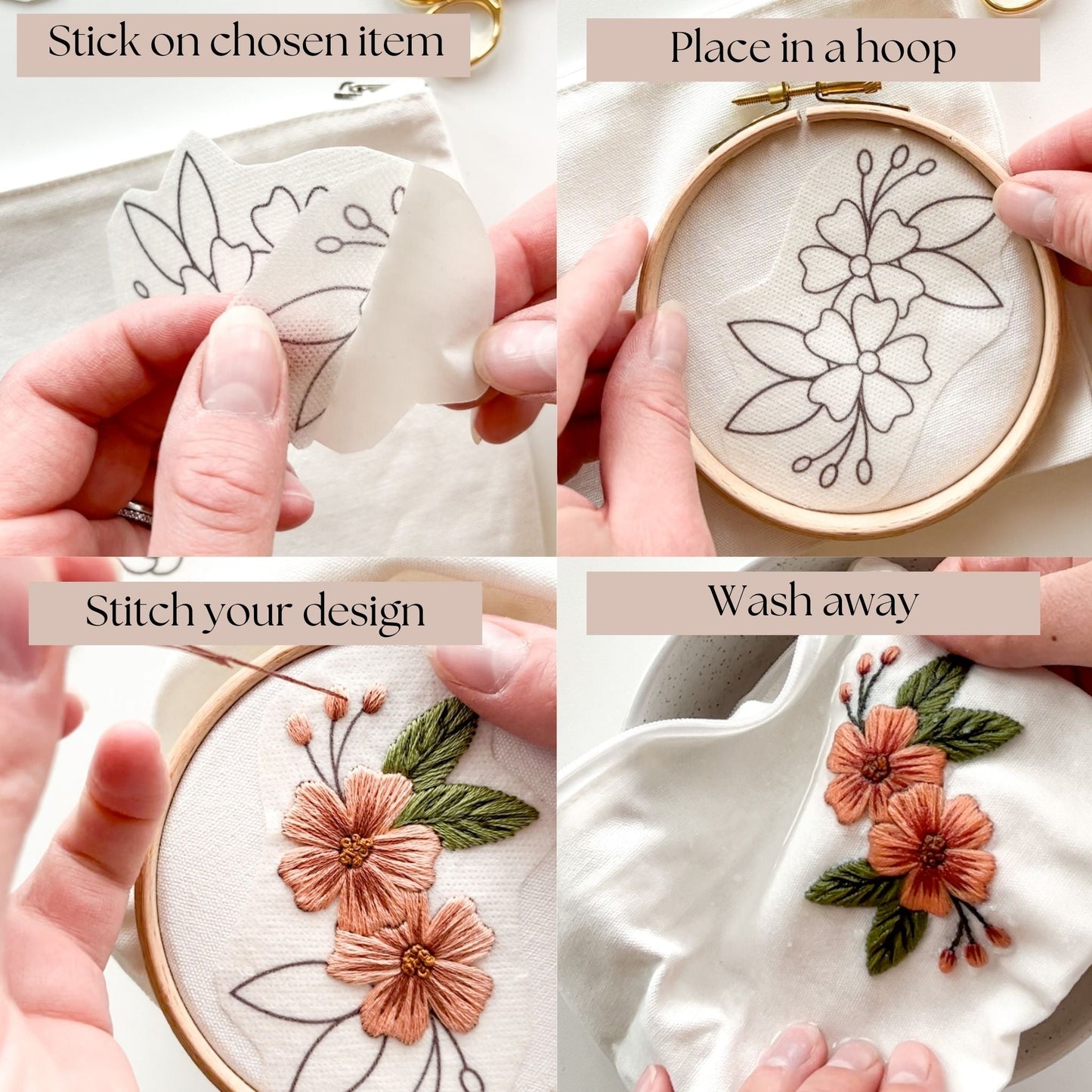 Infographic on how to use water soluble stick and stitch designs