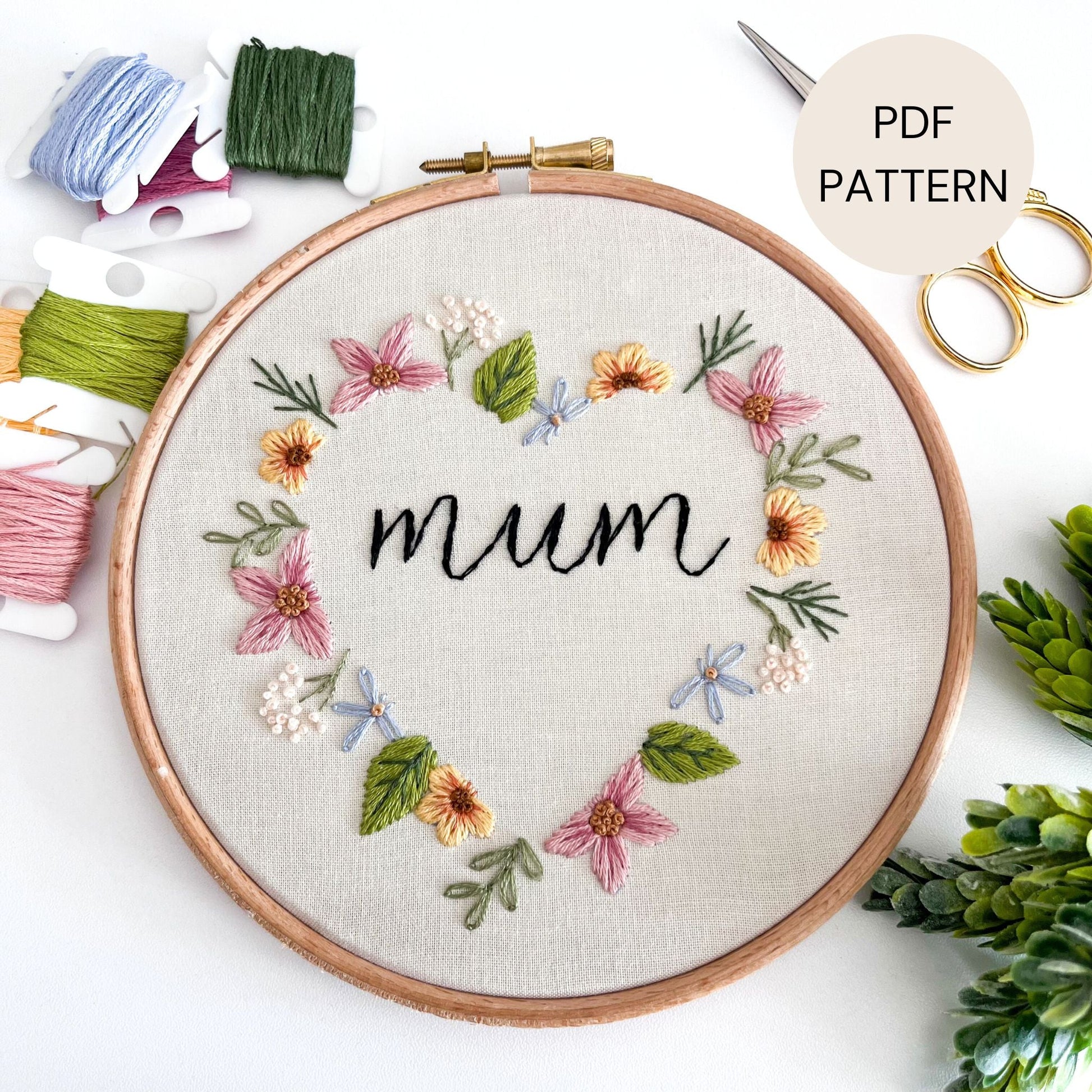 Beginner Needlecraft Pattern with Customisable Lettering in the Centre. Pink, yellow, white and baby blue flowers are stitched in a heart design around central black lettering.