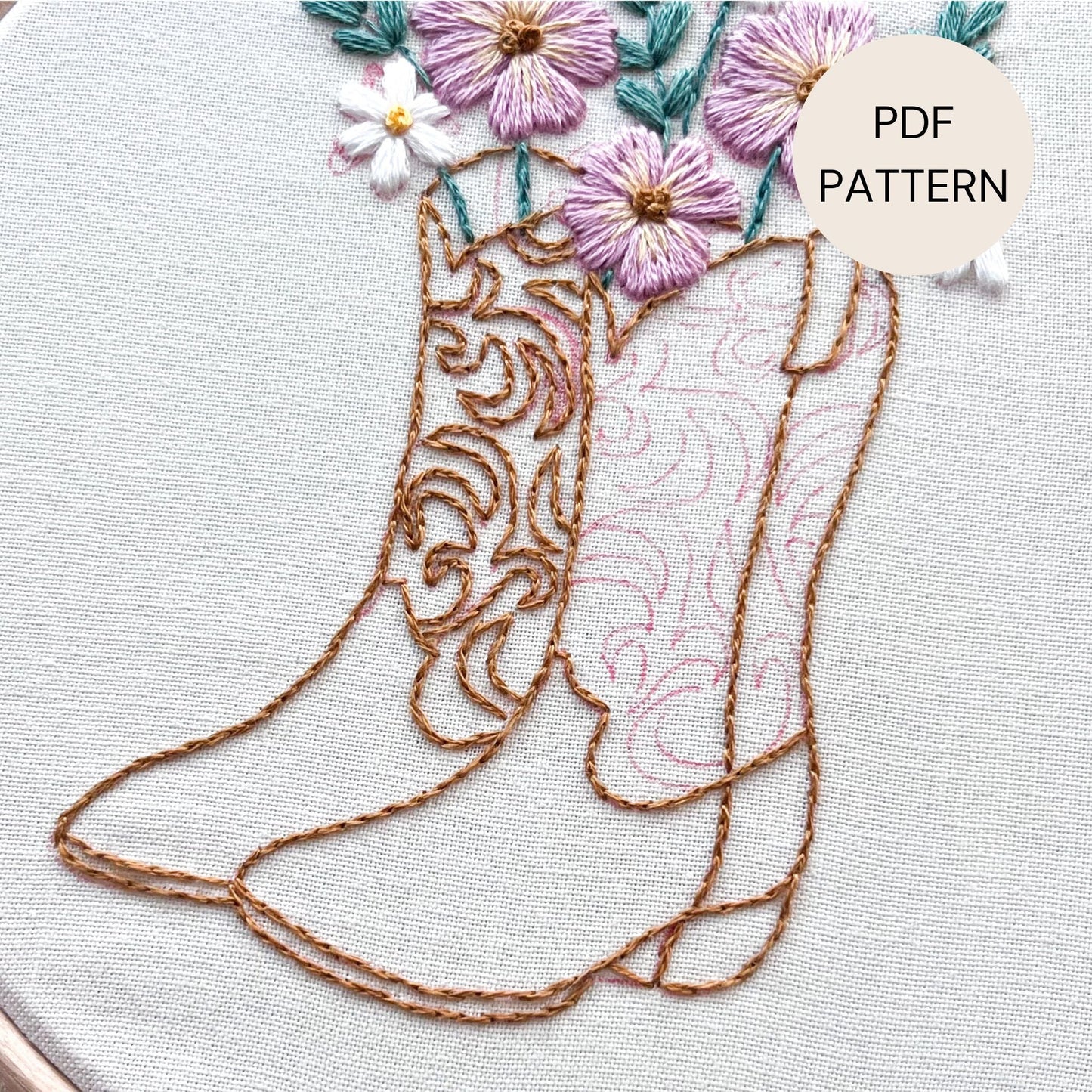Close up of split stitch outline of cowgirl boots.